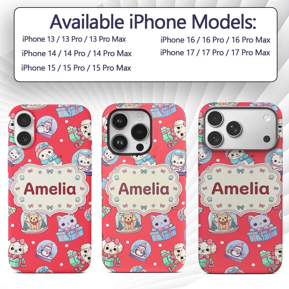 Cute Christmas Kittens Puppies Snow Globes Red Custom Name Protective Phone Case Mobile Cover Durable Everyday Smartphone Shock Resistant