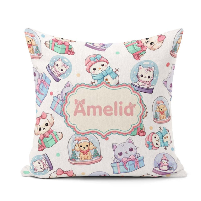 Custom Name Cute Christmas Kittens Puppies Snow White Background Square Filled Cushion Throw Pillow Sofa Bed Home Decor Zip Washable UK Made