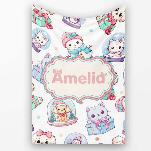Cute Christmas Kittens Puppies Snow Globes White Background  Personalised Custom Name Super Soft Fleece Blanket Bed Sofa Throw