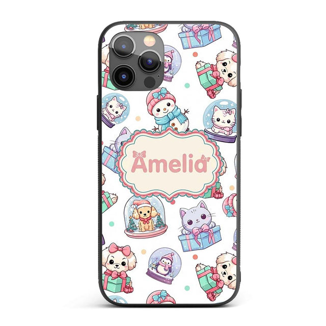 Cute Christmas Kittens Puppies Snow Globes White Custom Name Protective Phone Case Mobile Cover Durable Everyday Smartphone Shock Resistant