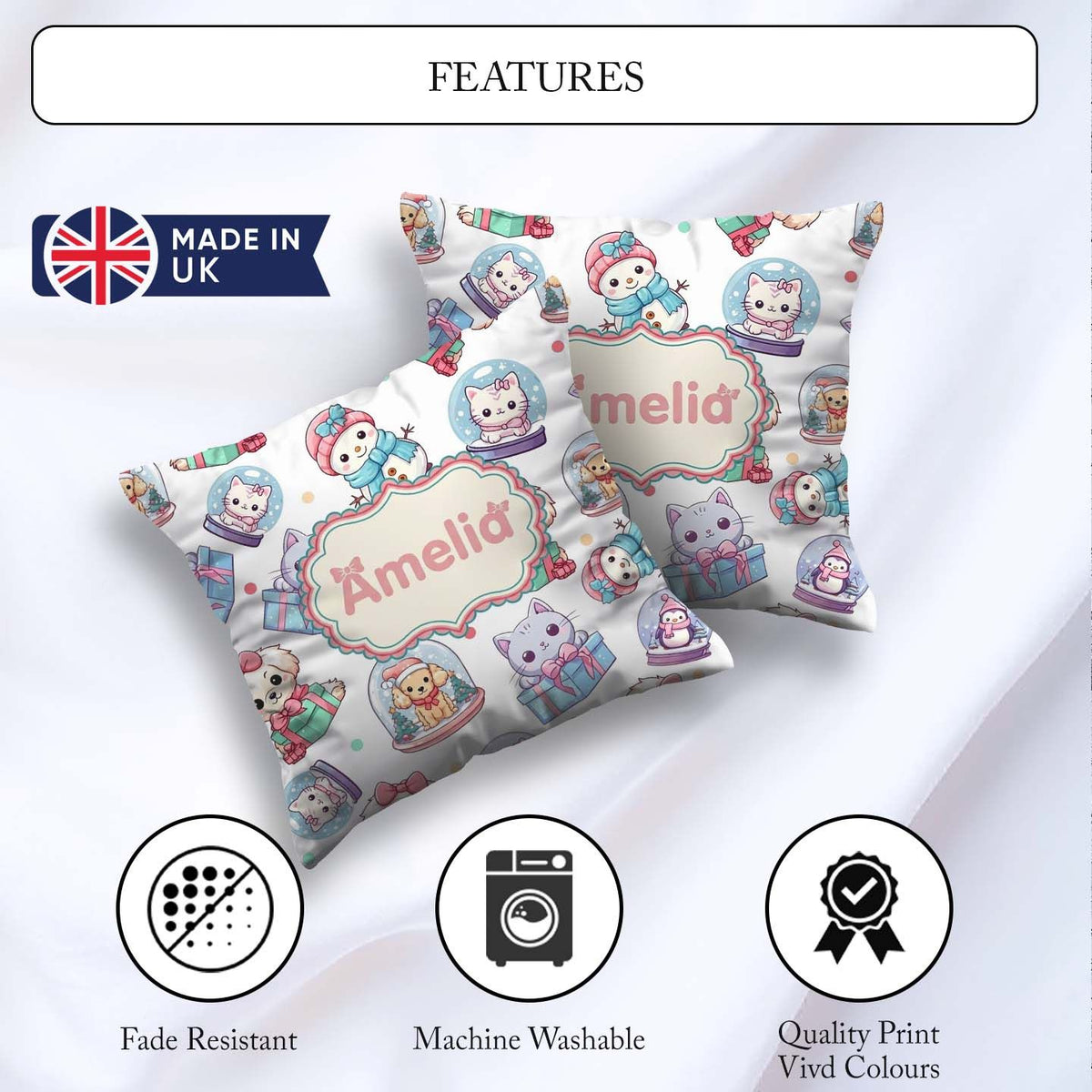 Custom Name Cute Christmas Kittens Puppies Snow White Background Square Filled Cushion Throw Pillow Sofa Bed Home Decor Zip Washable UK Made