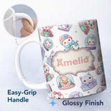 Personalized Custom Name Cute Christmas Kittens Puppies Snow Globes White Background 11oz Ceramic Coffee Tea Mug White Large Handle