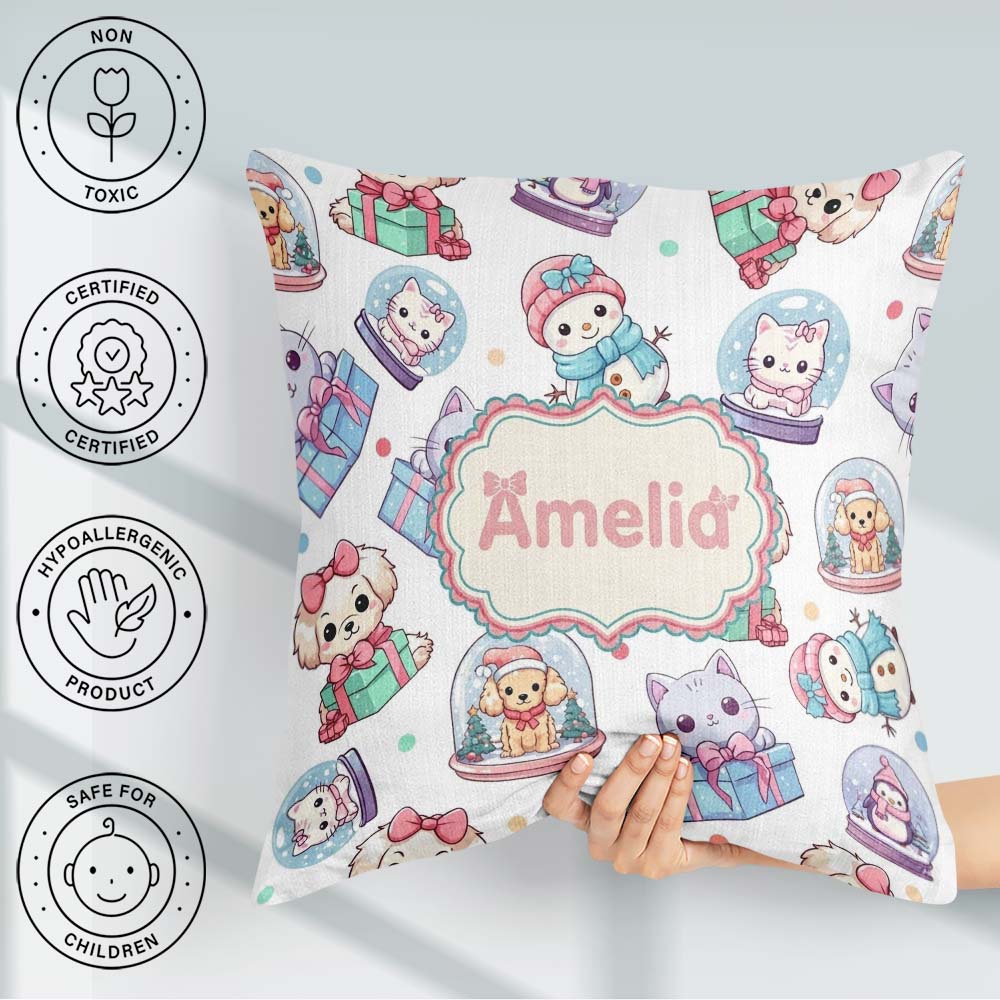 Custom Name Cute Christmas Kittens Puppies Snow White Background Square Filled Cushion Throw Pillow Sofa Bed Home Decor Zip Washable UK Made