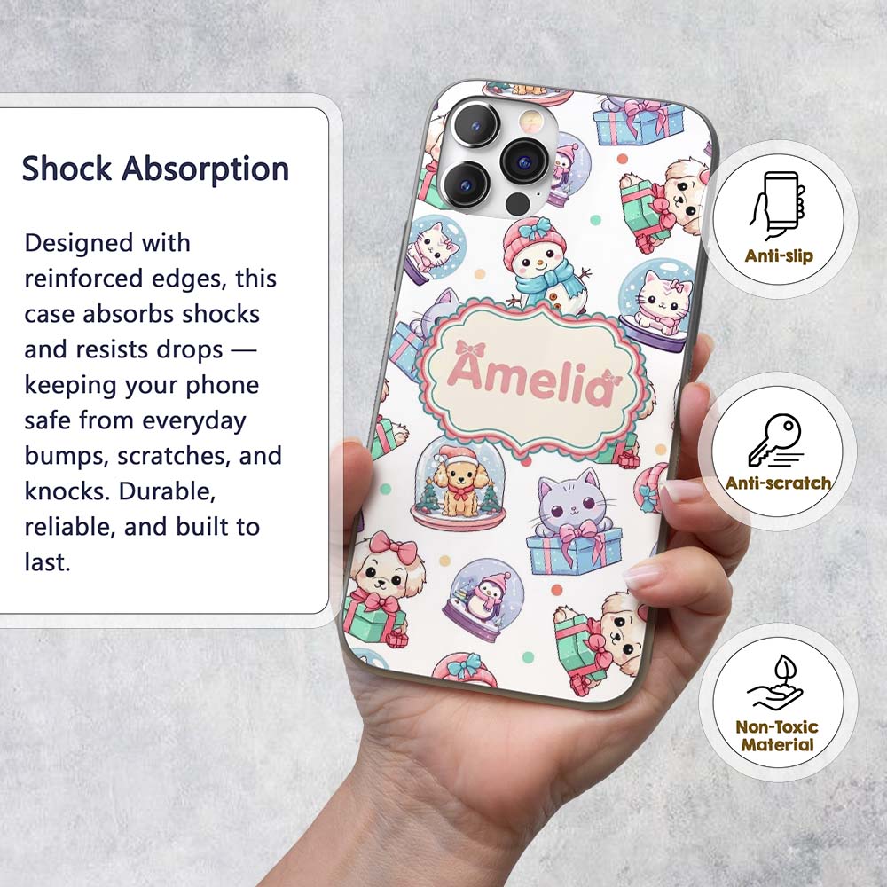 Cute Christmas Kittens Puppies Snow Globes White Custom Name Protective Phone Case Mobile Cover Durable Everyday Smartphone Shock Resistant