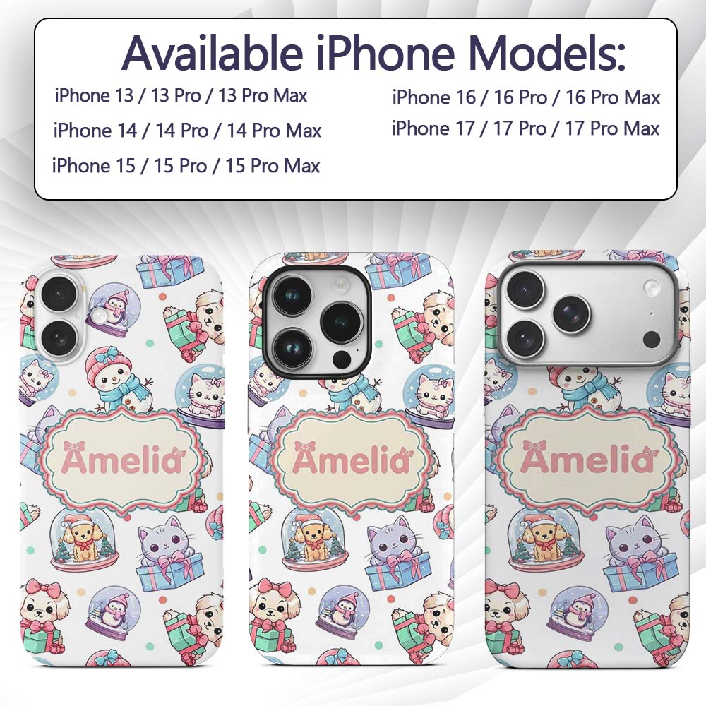 Cute Christmas Kittens Puppies Snow Globes White Custom Name Protective Phone Case Mobile Cover Durable Everyday Smartphone Shock Resistant
