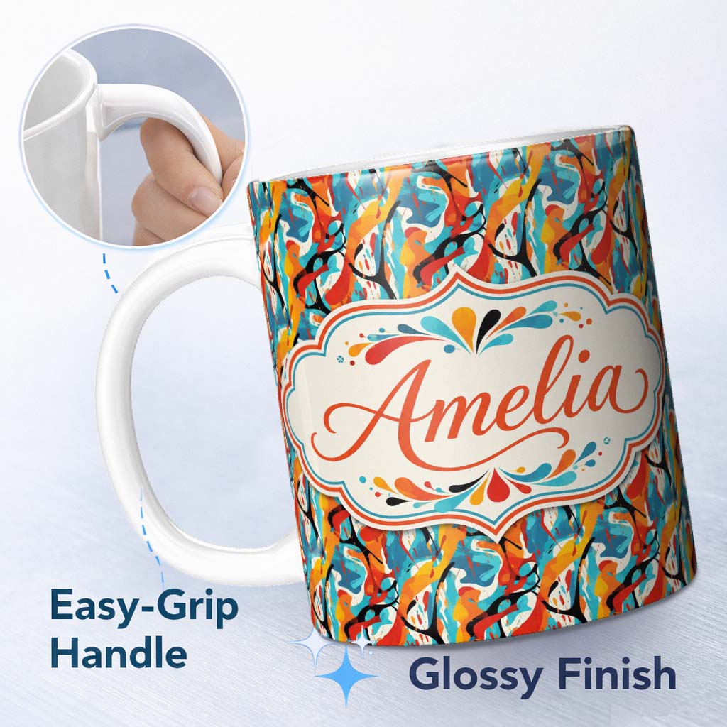 Personalized Custom Name Abstract Graffiti Brush Stroke Seamless Pattern Bold Urban Artistic 11oz Ceramic Coffee Tea Mug White Large Handle