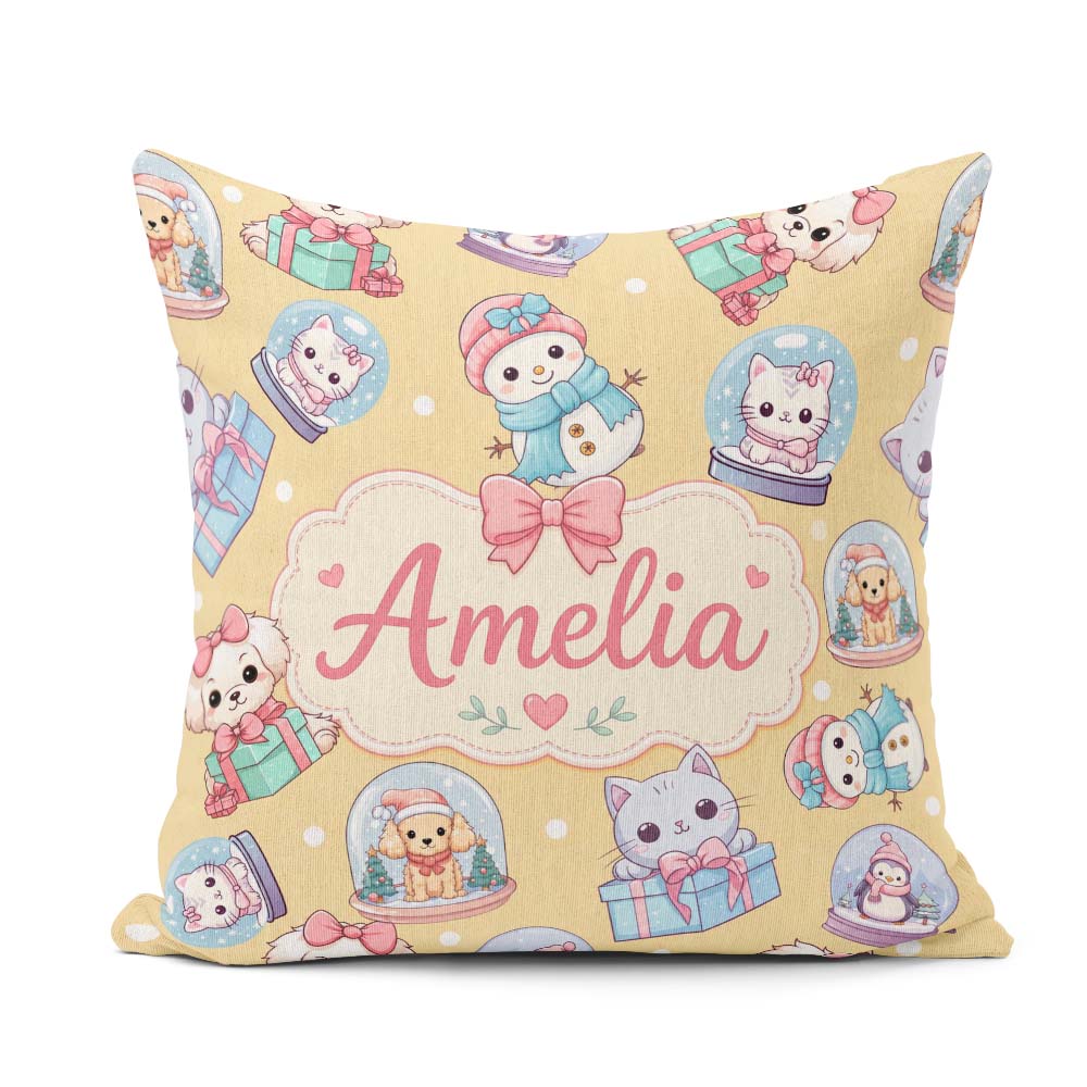 Custom Name Kittens Puppies Snow Globes Gold Background Seamless Square Filled Cushion Throw Pillow Sofa Bed Home Decor Zip Washable UK Made