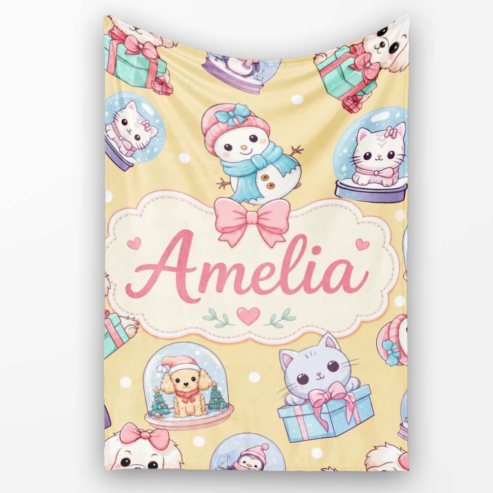Cute Christmas Kittens Puppies Snow Globes Gold Background Seamless  Personalised Custom Name Super Soft Fleece Blanket Bed Sofa Throw