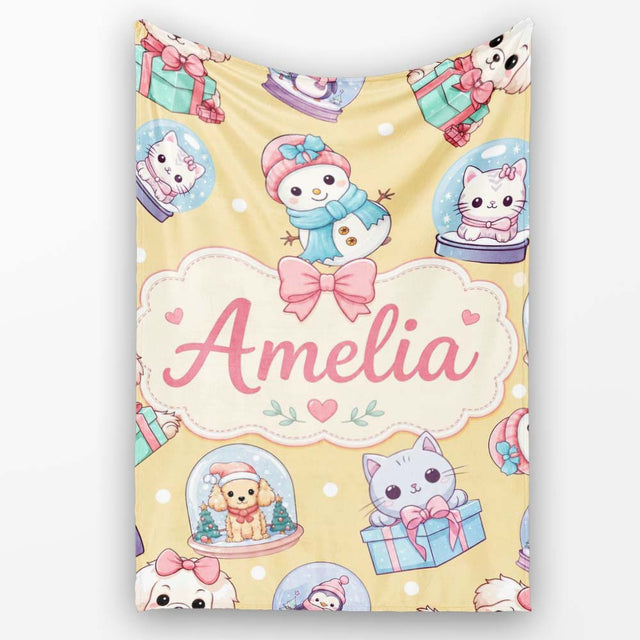 Cute Christmas Kittens Puppies Snow Globes Gold Background Seamless  Personalised Custom Name Super Soft Fleece Blanket Bed Sofa Throw