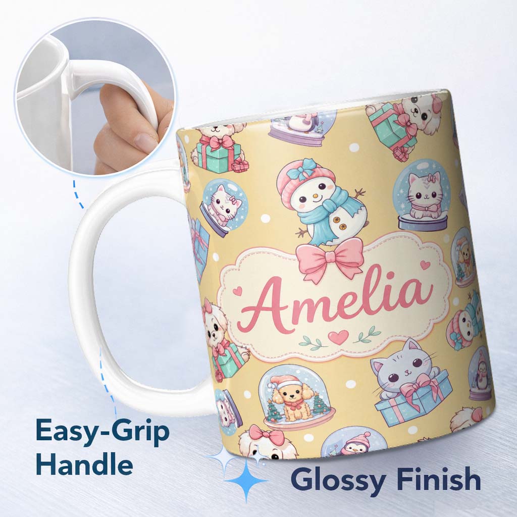Personalized Custom Name Cute Christmas Kittens Puppies Snow Globes Gold Background Seamless 11oz Ceramic Coffee Tea Mug White Large Handle