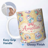 Personalized Custom Name Cute Christmas Kittens Puppies Snow Globes Gold Background Seamless 11oz Ceramic Coffee Tea Mug White Large Handle
