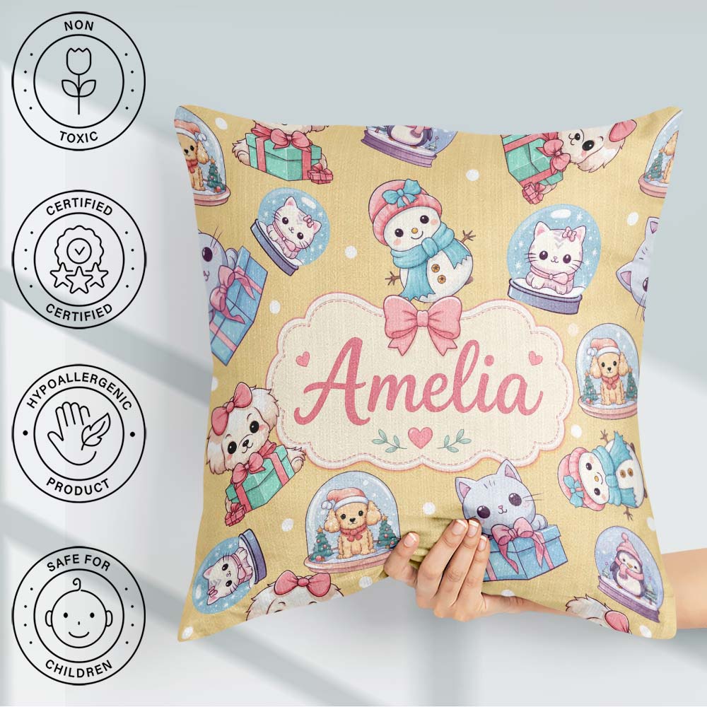 Custom Name Kittens Puppies Snow Globes Gold Background Seamless Square Filled Cushion Throw Pillow Sofa Bed Home Decor Zip Washable UK Made