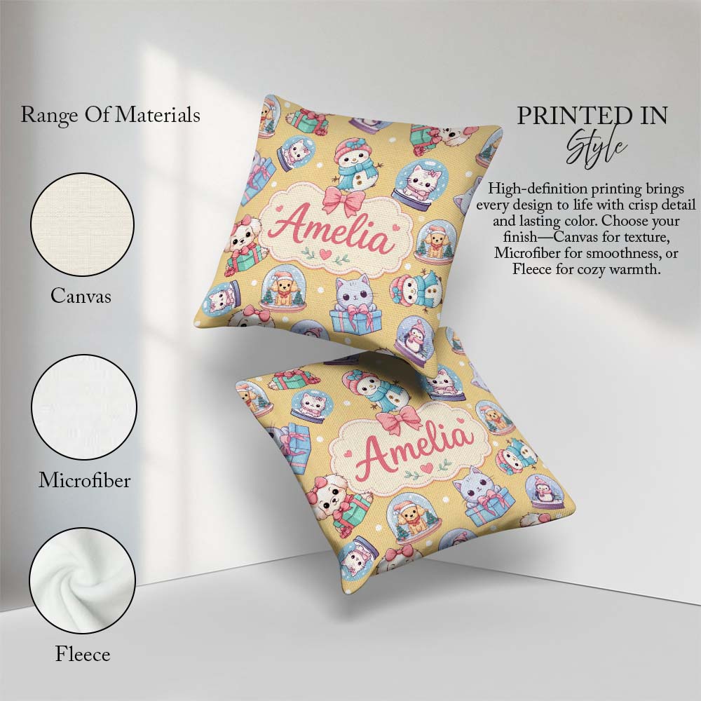 Custom Name Kittens Puppies Snow Globes Gold Background Seamless Square Filled Cushion Throw Pillow Sofa Bed Home Decor Zip Washable UK Made