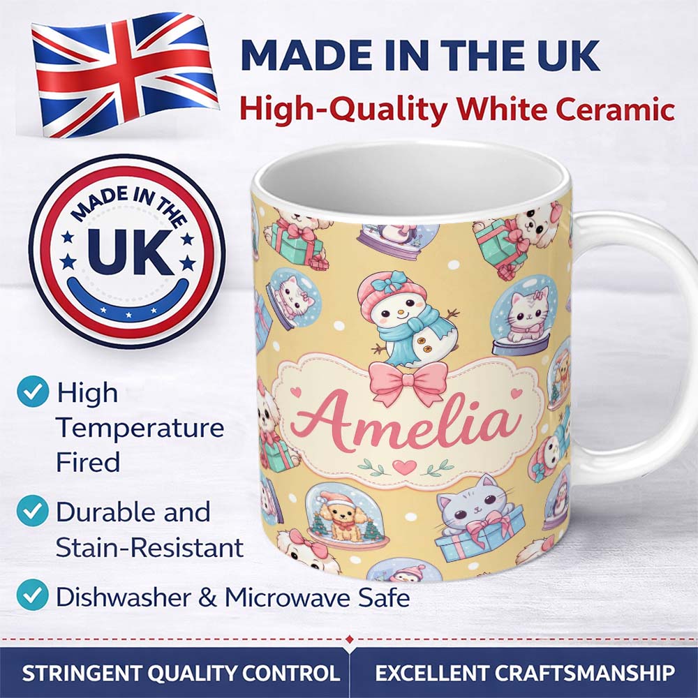 Personalized Custom Name Cute Christmas Kittens Puppies Snow Globes Gold Background Seamless 11oz Ceramic Coffee Tea Mug White Large Handle