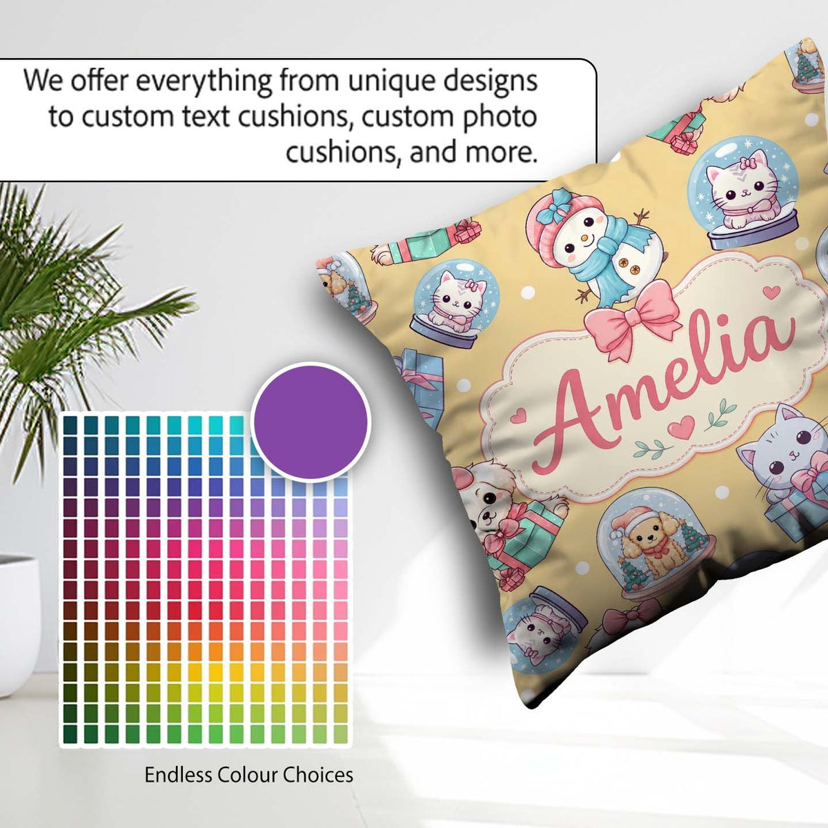 Custom Name Kittens Puppies Snow Globes Gold Background Seamless Square Filled Cushion Throw Pillow Sofa Bed Home Decor Zip Washable UK Made