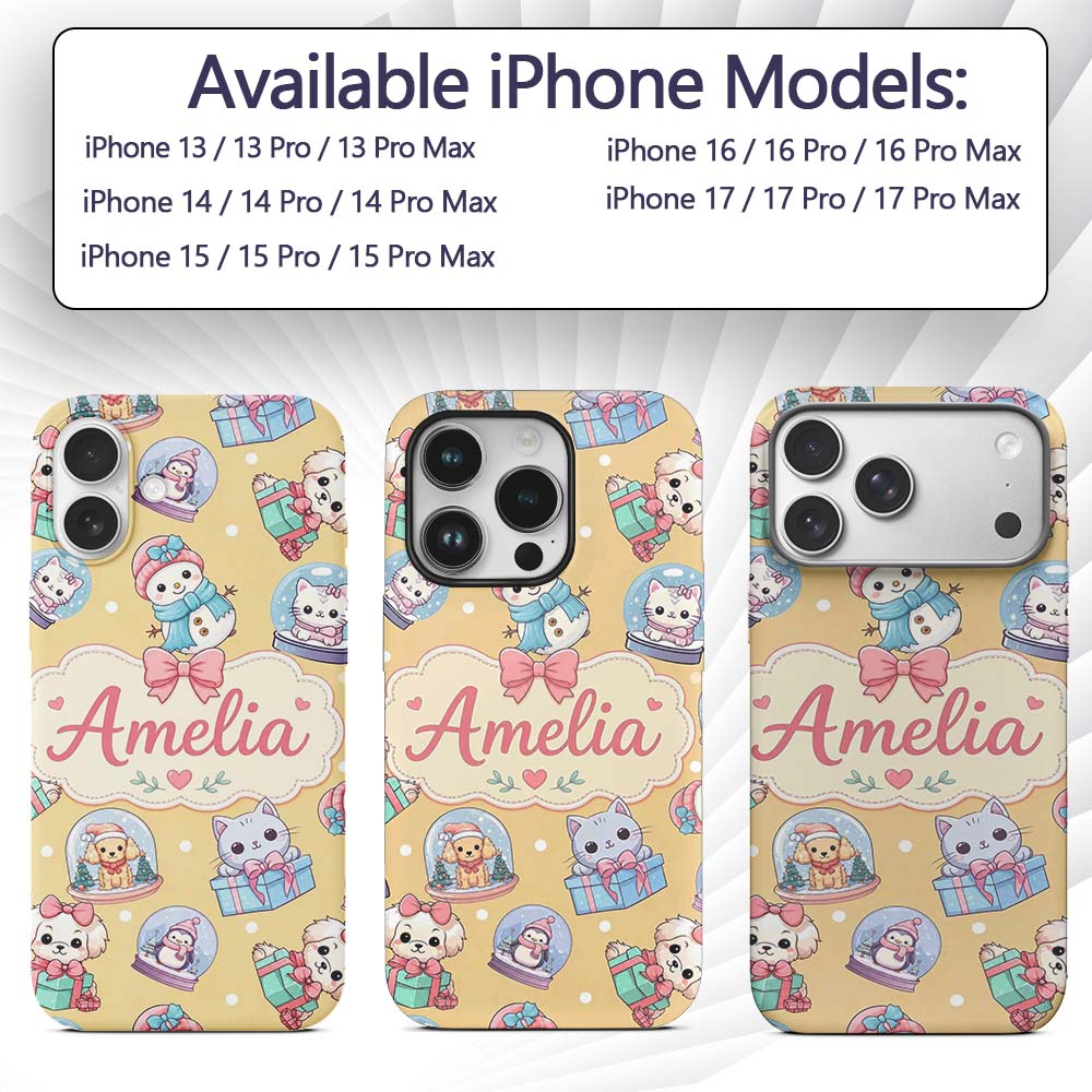 Cute Christmas Kittens Puppies Snow Globes Gold Custom Name Protective Phone Case Mobile Cover Durable Everyday Smartphone Shock Resistant