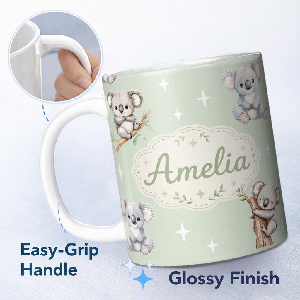 Personalized Custom Name Cute Baby Koala Bears with Stars on Sage Green Background Seamless 11oz Ceramic Coffee Tea Mug White Large Handle
