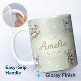 Personalized Custom Name Cute Baby Koala Bears with Stars on Sage Green Background Seamless 11oz Ceramic Coffee Tea Mug White Large Handle