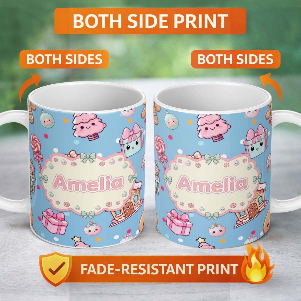 Personalized Custom Name Cute Gingerbread Candy House Sweets Blue Background Seamless 11oz Ceramic Coffee Tea Mug White Large Handle