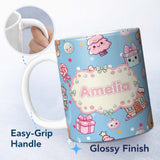 Personalized Custom Name Cute Gingerbread Candy House Sweets Blue Background Seamless 11oz Ceramic Coffee Tea Mug White Large Handle