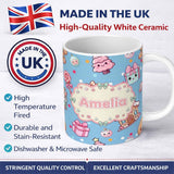 Personalized Custom Name Cute Gingerbread Candy House Sweets Blue Background Seamless 11oz Ceramic Coffee Tea Mug White Large Handle