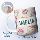 Personalized Custom Name Cute Gingerbread Candy House Sweets Cream Background Seamless 11oz Ceramic Coffee Tea Mug White Large Handle