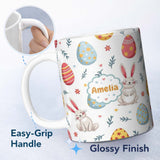 Personalized Custom Name Cute Easter Bunnies Eggs Spring Floral Seamless Pattern Lovely 11oz Ceramic Coffee Tea Mug White Large Handle