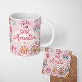 Personalized Custom Name Cute Gingerbread Candy House Sweets Pink Background Seamless 11oz Ceramic Coffee Tea Mug White Large Handle