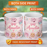 Personalized Custom Name Cute Gingerbread Candy House Sweets Pink Background Seamless 11oz Ceramic Coffee Tea Mug White Large Handle