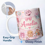 Personalized Custom Name Cute Gingerbread Candy House Sweets Pink Background Seamless 11oz Ceramic Coffee Tea Mug White Large Handle