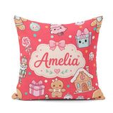 Custom Name Cute Girl Candy House Sweets Red Background Seamless Square Filled Cushion Throw Pillow Sofa Bed Home Decor Zip Washable UK Made