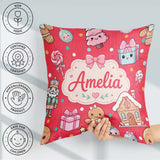 Custom Name Cute Girl Candy House Sweets Red Background Seamless Square Filled Cushion Throw Pillow Sofa Bed Home Decor Zip Washable UK Made