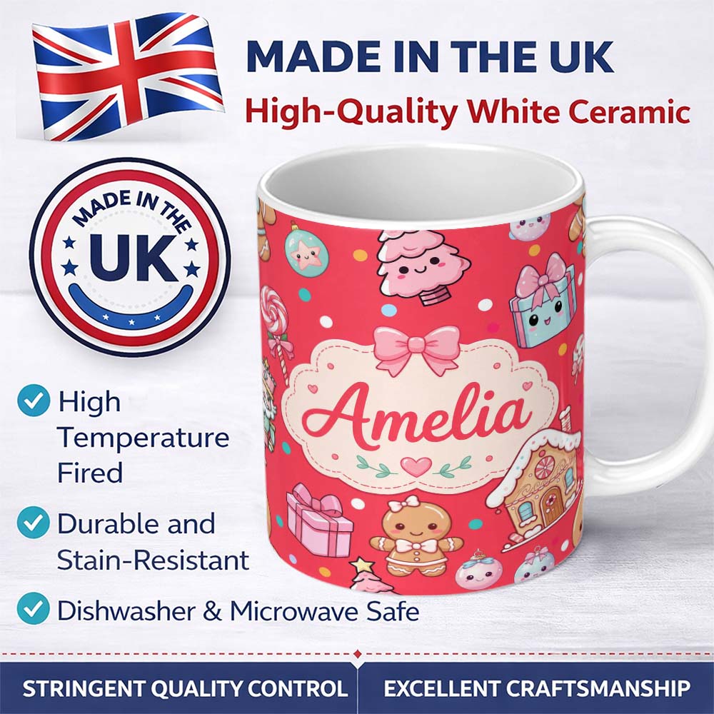 Personalized Custom Name Cute Gingerbread Girl Candy House Sweets Red Background Seamless 11oz Ceramic Coffee Tea Mug White Large Handle