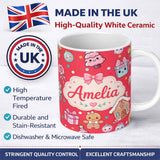 Personalized Custom Name Cute Gingerbread Girl Candy House Sweets Red Background Seamless 11oz Ceramic Coffee Tea Mug White Large Handle