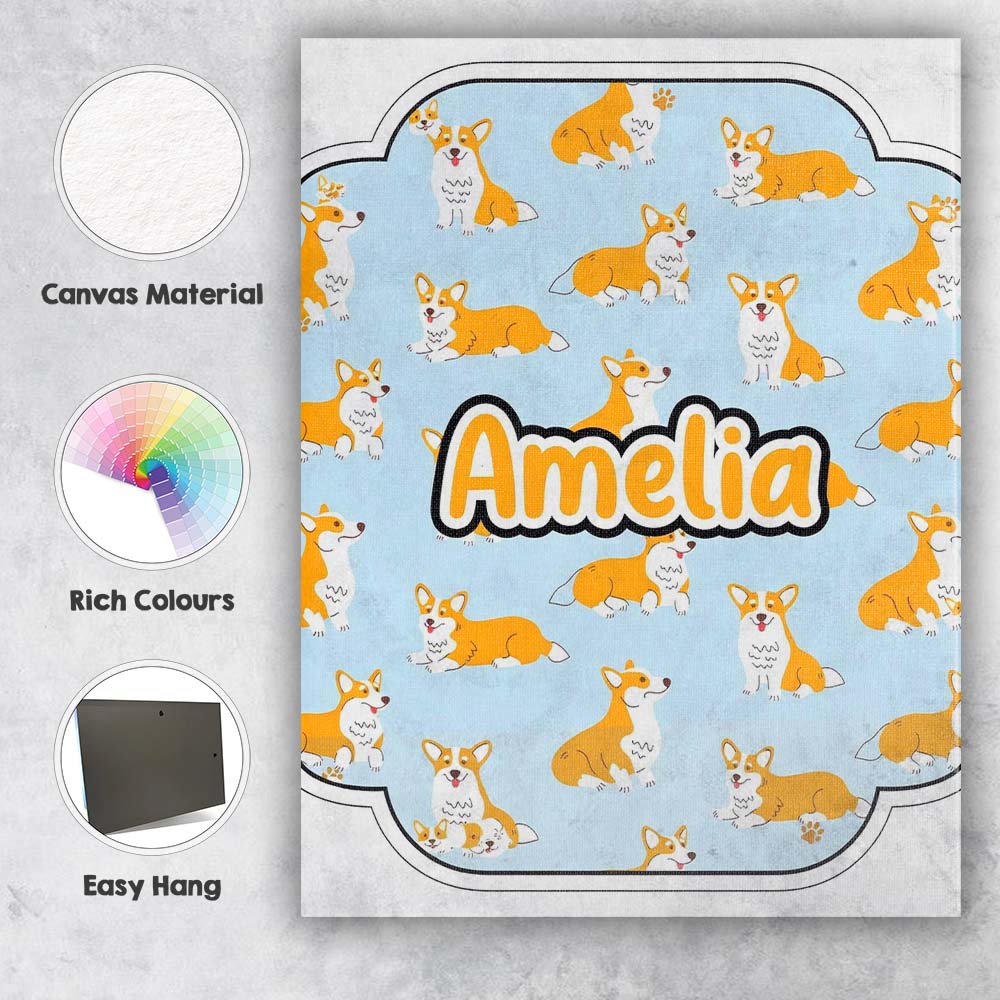 Personalised Name Cute Corgi Dogs Blue Background Playful Seamless Custom  Unique Canvas Wall Art Print Decor Picture Ready to Hang