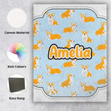 Personalised Name Cute Corgi Dogs Blue Background Playful Seamless Custom  Unique Canvas Wall Art Print Decor Picture Ready to Hang