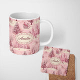 Personalized Custom Name Vintage Pink Christmas Village Winter Scene Seamless Pattern Lovely 11oz Ceramic Coffee Tea Mug White Large Handle