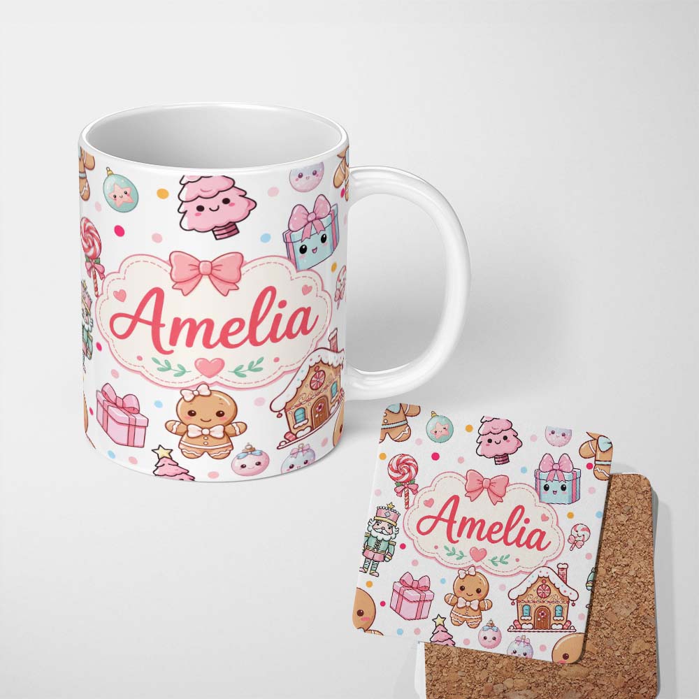 Personalized Custom Name Cute Gingerbread Girl Candy House Sweets Grey Background Seamless 11oz Ceramic Coffee Tea Mug White Large Handle