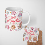Personalized Custom Name Cute Gingerbread Girl Candy House Sweets Grey Background Seamless 11oz Ceramic Coffee Tea Mug White Large Handle