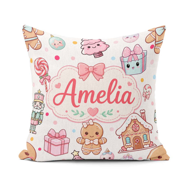 Custom Name Gingerbread Girl Candy House Sweets Grey Background Square Filled Cushion Throw Pillow Sofa Bed Home Decor Zip Washable UK Made
