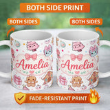 Personalized Custom Name Cute Gingerbread Girl Candy House Sweets Grey Background Seamless 11oz Ceramic Coffee Tea Mug White Large Handle