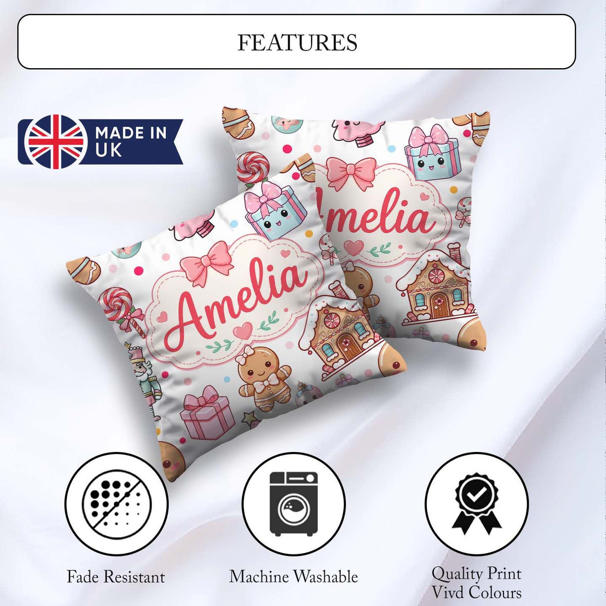 Custom Name Gingerbread Girl Candy House Sweets Grey Background Square Filled Cushion Throw Pillow Sofa Bed Home Decor Zip Washable UK Made