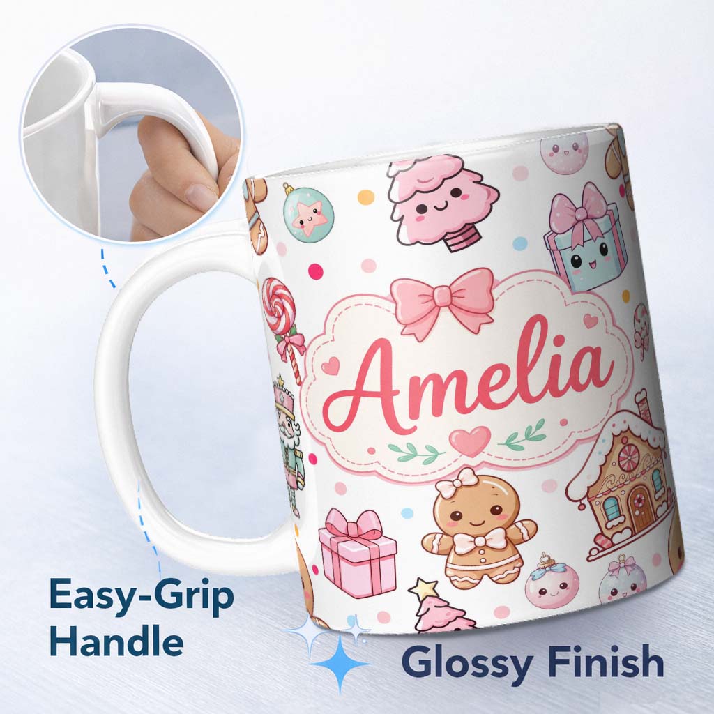 Personalized Custom Name Cute Gingerbread Girl Candy House Sweets Grey Background Seamless 11oz Ceramic Coffee Tea Mug White Large Handle