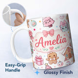 Personalized Custom Name Cute Gingerbread Girl Candy House Sweets Grey Background Seamless 11oz Ceramic Coffee Tea Mug White Large Handle