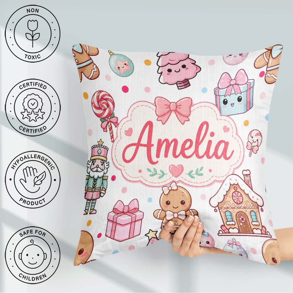Custom Name Gingerbread Girl Candy House Sweets Grey Background Square Filled Cushion Throw Pillow Sofa Bed Home Decor Zip Washable UK Made