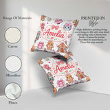 Custom Name Gingerbread Girl Candy House Sweets Grey Background Square Filled Cushion Throw Pillow Sofa Bed Home Decor Zip Washable UK Made