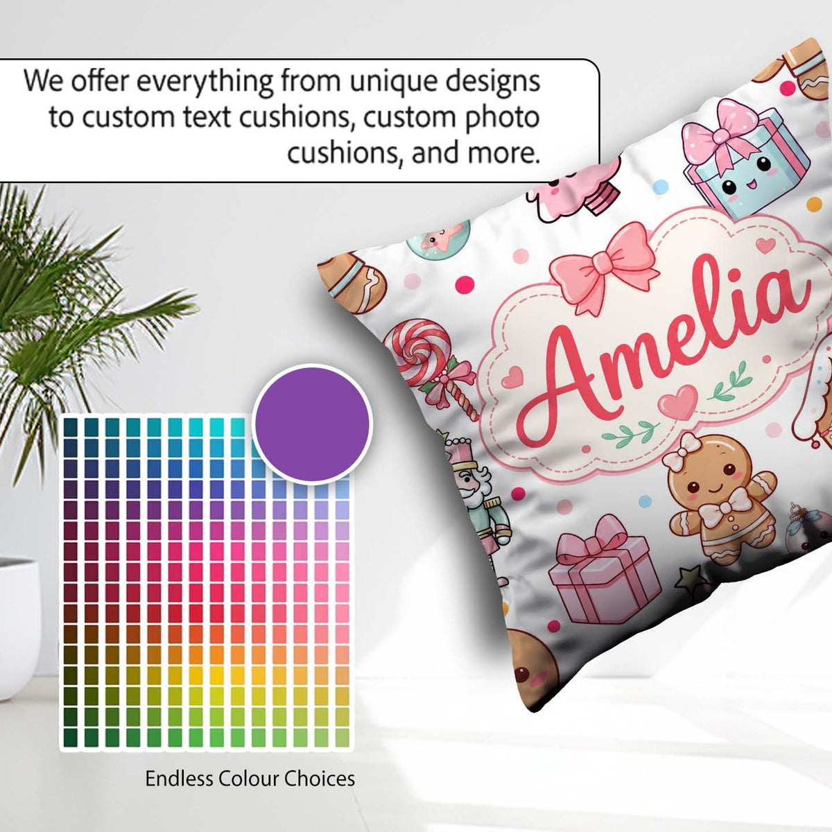 Custom Name Gingerbread Girl Candy House Sweets Grey Background Square Filled Cushion Throw Pillow Sofa Bed Home Decor Zip Washable UK Made
