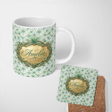 Personalized Custom Name Soft Green Air Plant Botanical Leaves Seamless Pattern Design Lovely 11oz Ceramic Coffee Tea Mug White Large Handle