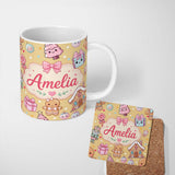 Personalized Custom Name Cute Gingerbread Girl Candy House Sweets Gold Background Seamless 11oz Ceramic Coffee Tea Mug White Large Handle