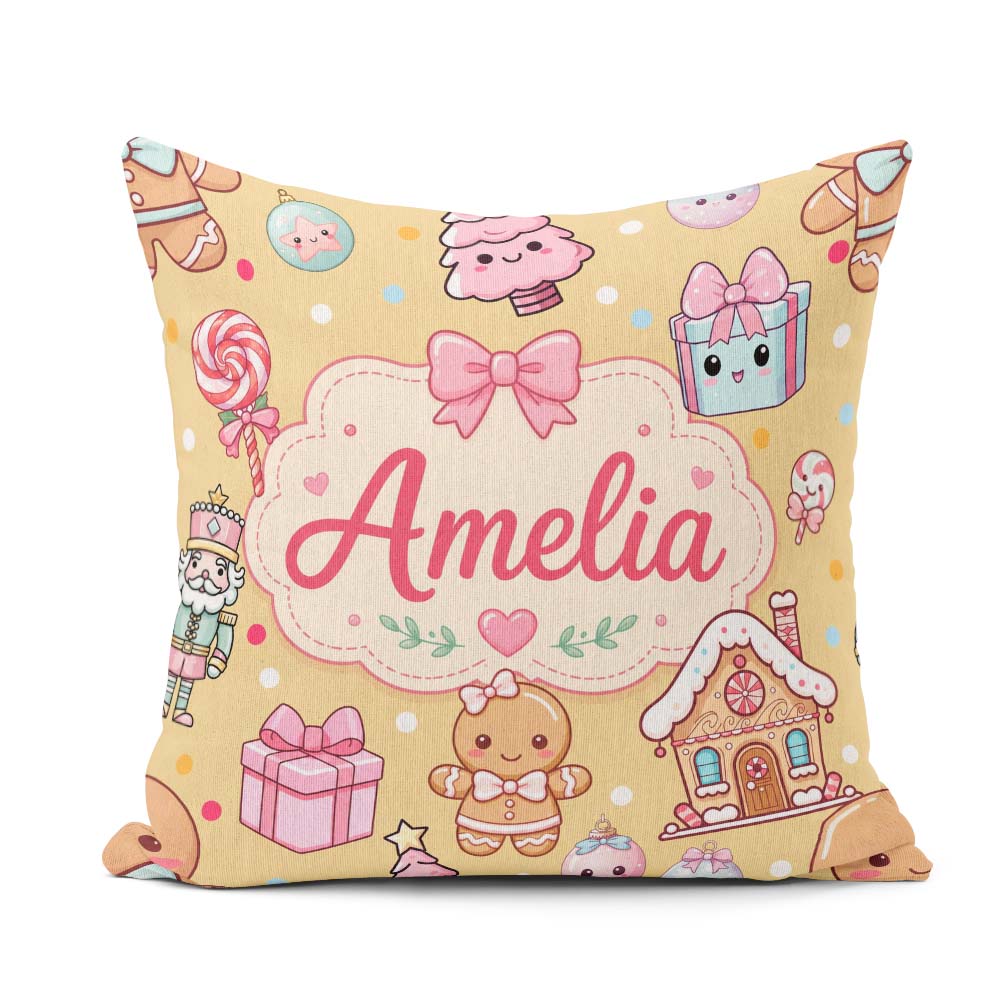 Custom Name Gingerbread Girl Candy House Sweets Gold Background Square Filled Cushion Throw Pillow Sofa Bed Home Decor Zip Washable UK Made
